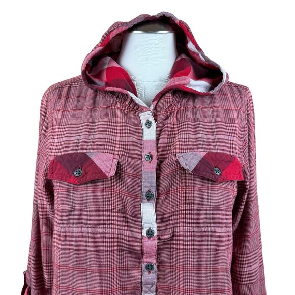 Women's PrAna Red White Anja Plaid Long Sleeve Button‎ Cuff Hooded Popover Top M - Picture 2 of 9